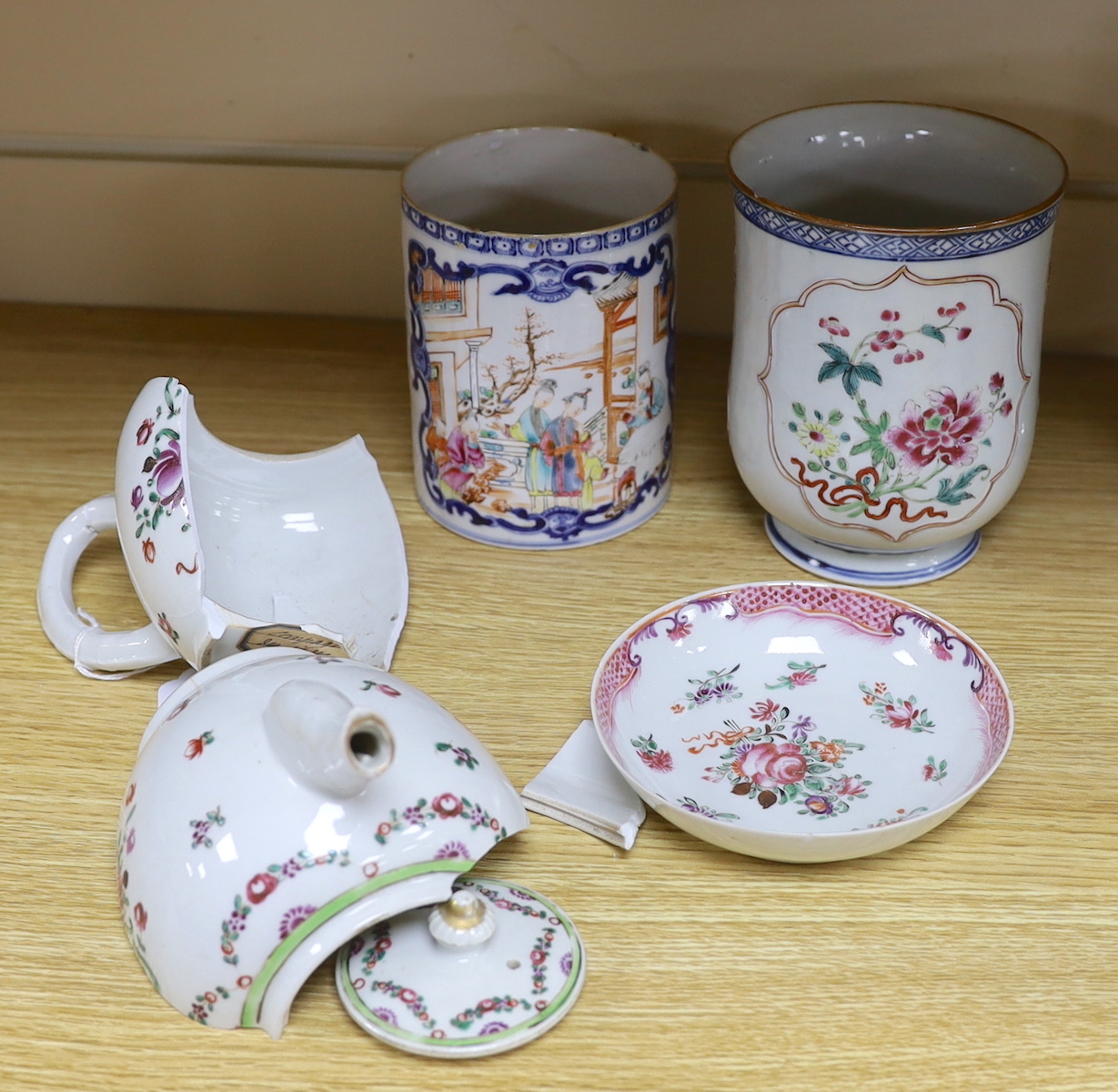 Two Chinese famille rose vessels, a dish and a teapot, tallest brush pot 14cm high (a.f.)